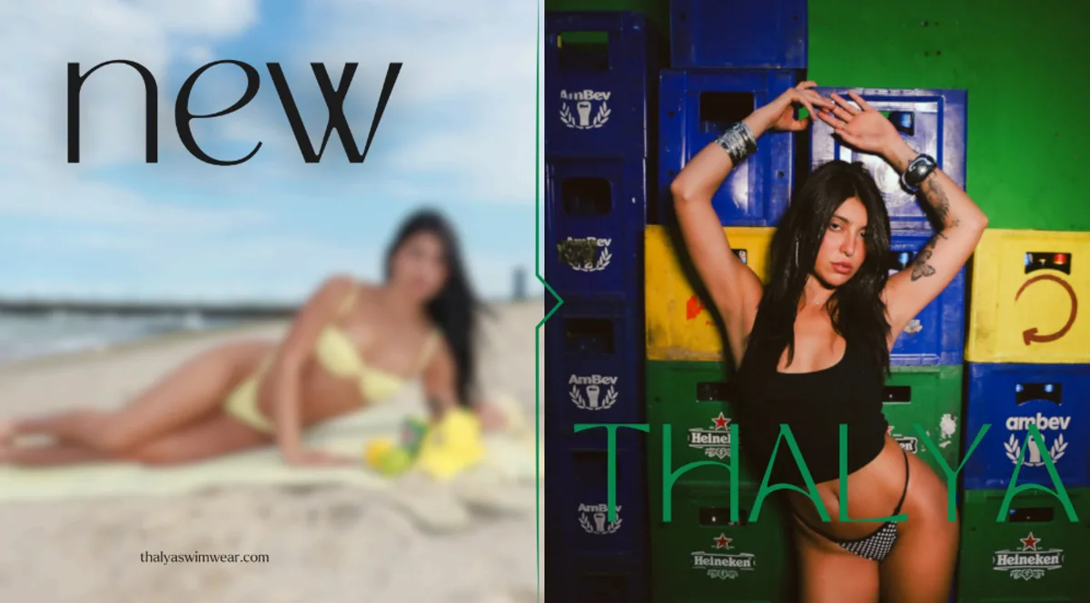 Antes e depois do rebranding da Thalya Swimwear: à esquerda a foto antiga desfocada na praia, à direita a nova direção de arte com a modelo diante de engradados coloridos