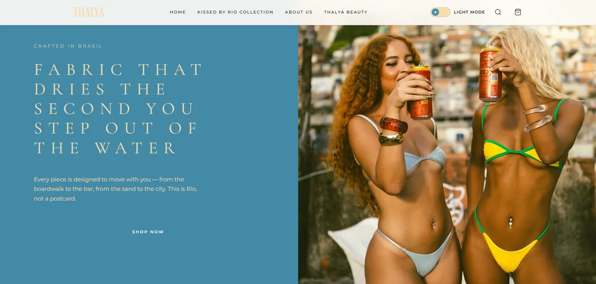 Seção do site sobre o tecido em modo claro, com fundo azul da marca