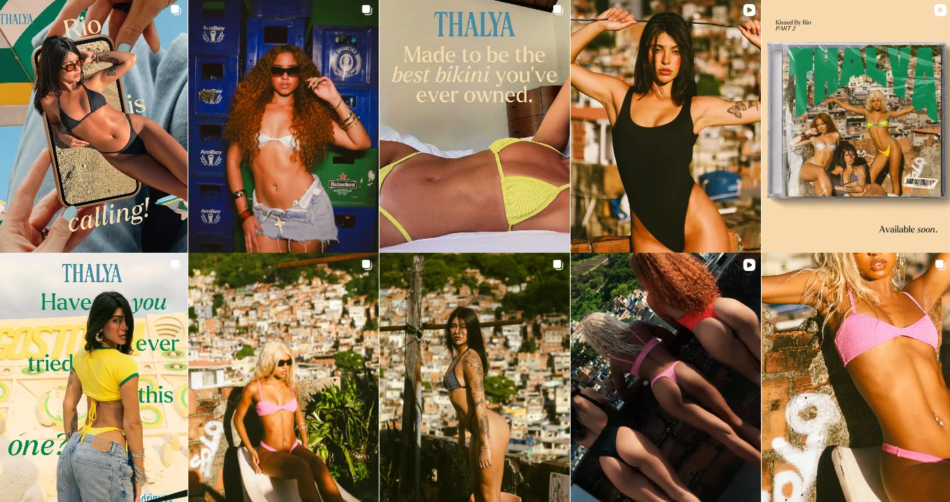Feed do Instagram da Thalya Swimwear — grade de publicações com fotos de campanha e peças de texto da marca